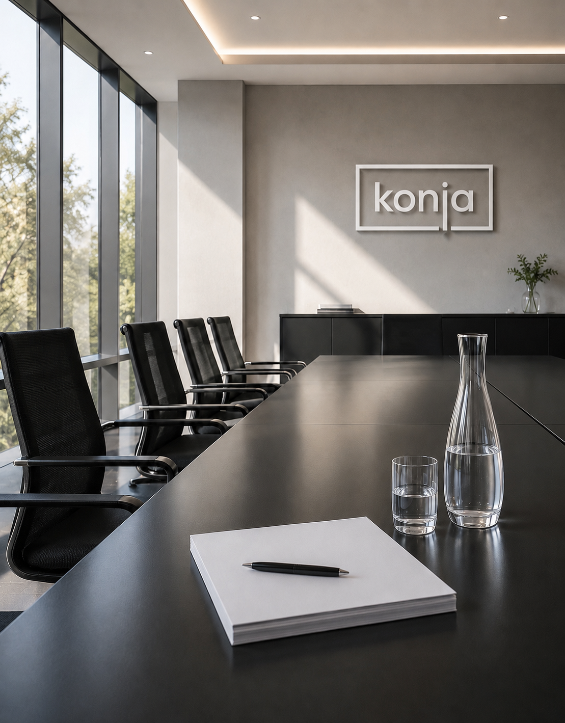 Sitzungssaal mit konja Markenlogo, professioneller Besprechungsraum für Entscheider